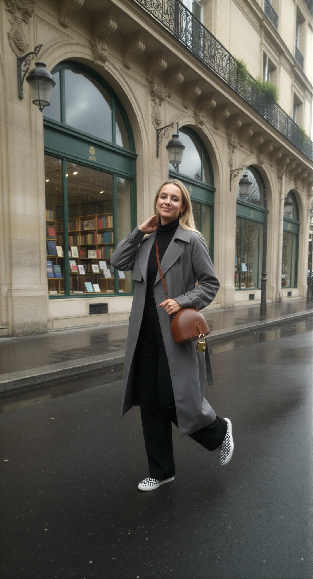 Edit the reference image: wearing open long gray trench coat with wide lapels and belt, black turtleneck underneath, baggy wide-leg black p…