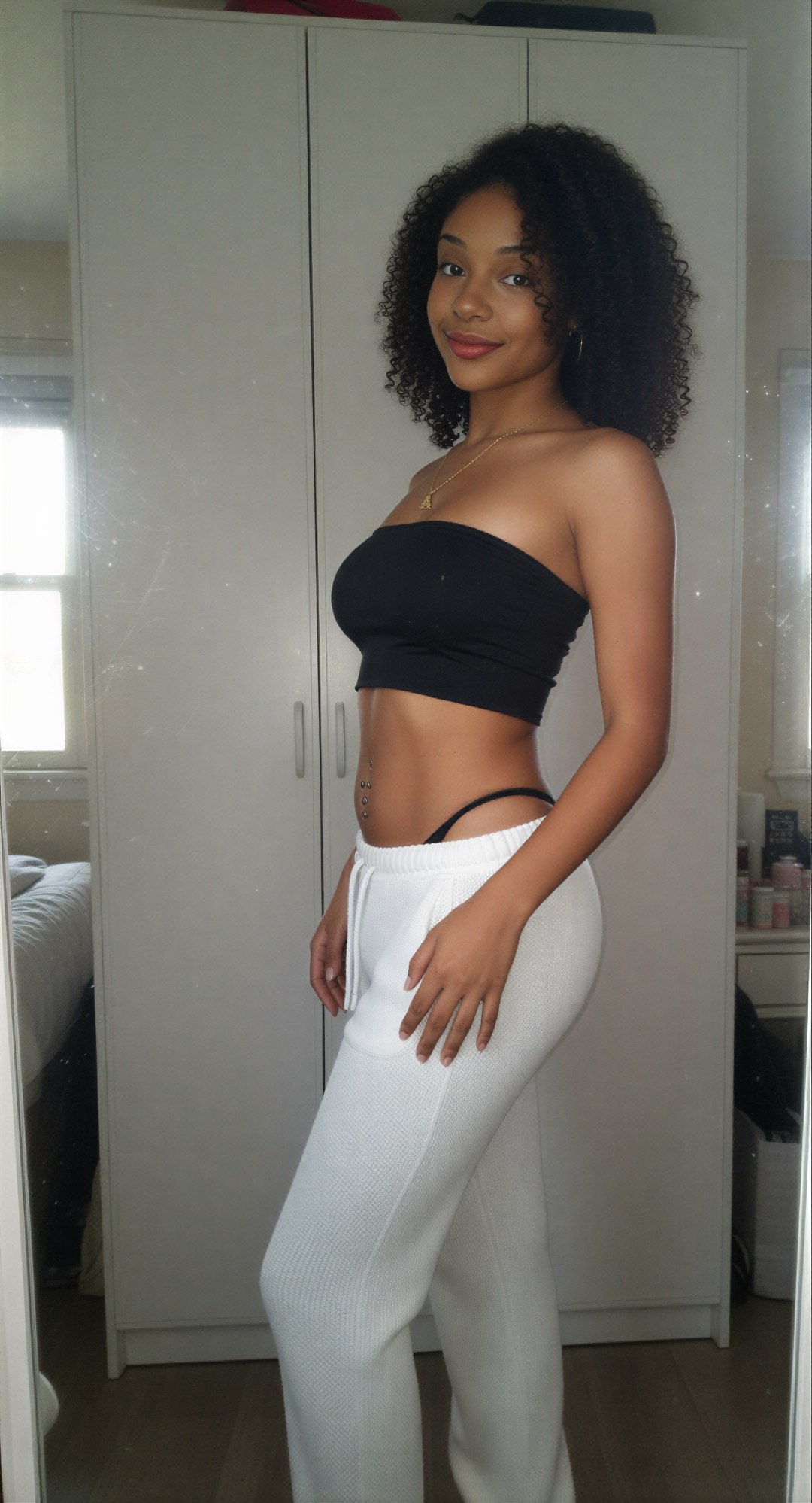 Edit the reference image: realistic smartphone mirror selfie taken in a cozy teenage girl's bedroom, standing sideways in front of a full-l…