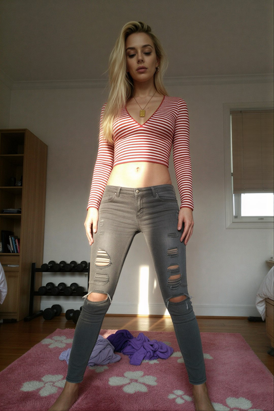 Edit the reference image: worm's eye view low angle shot from floor level looking straight up the body, camera at knee height POV emphasizi…