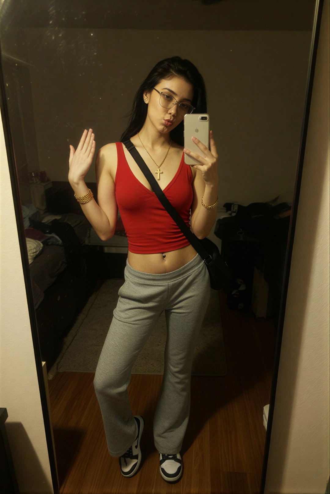 Edit the reference image: amateur Snapchat-style mirror selfie taken with iPhone front camera in a casual dimly lit bedroom, full body view…