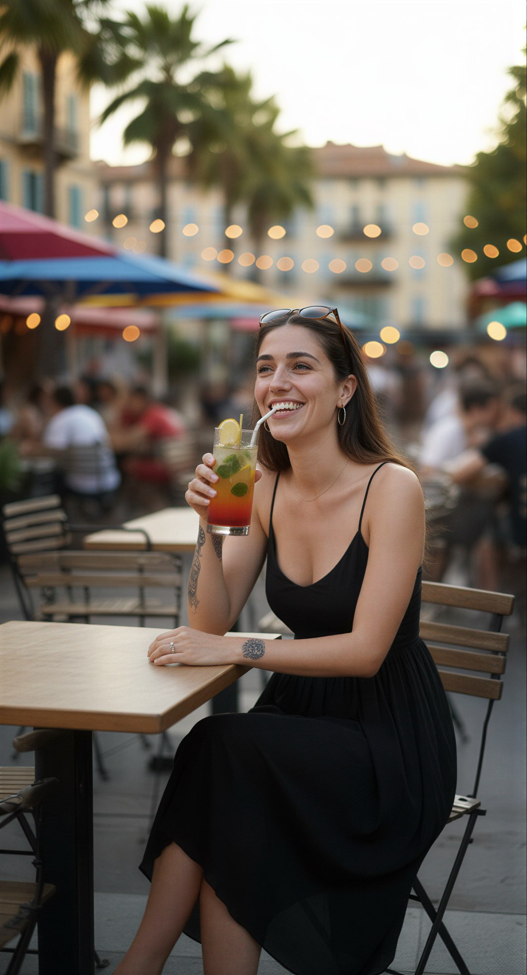 Edit the reference image: realistic photo of a woman sitting relaxed at an outdoor terrace bar table in the lively city center of a souther…
