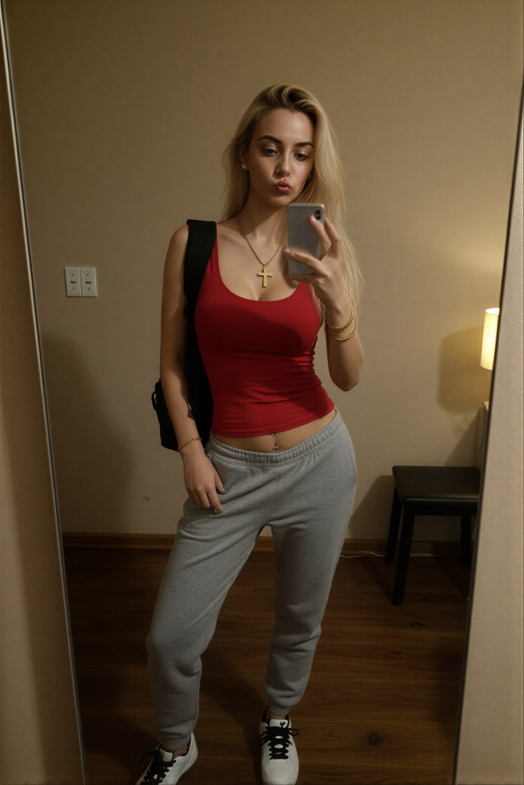 Edit the reference image: wearing tight red sleeveless scoop-neck tank top with deep cleavage, black backpack strap over one shoulder with …