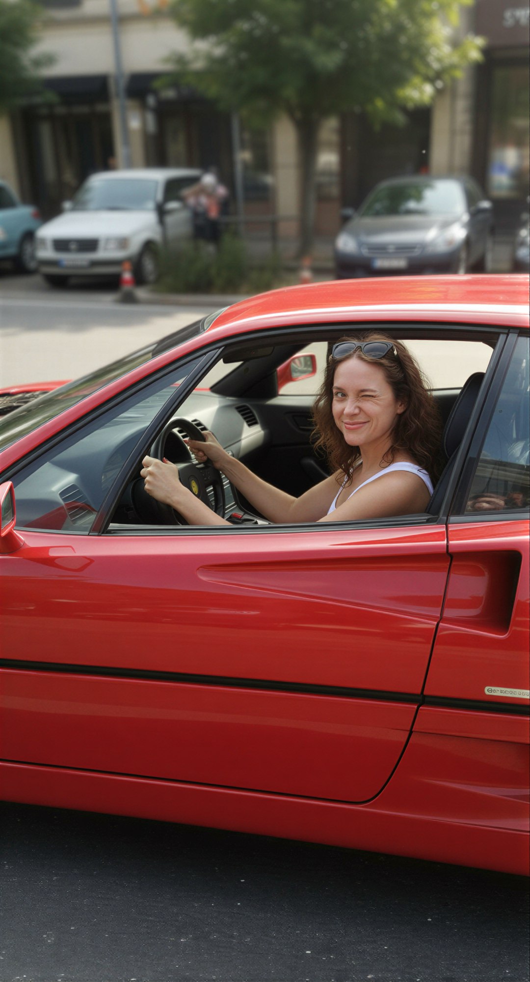 Edit the reference image: casual woman with the same face sitting in the driver's seat of a sleek red Ferrari F40 sports car, viewed from o…
