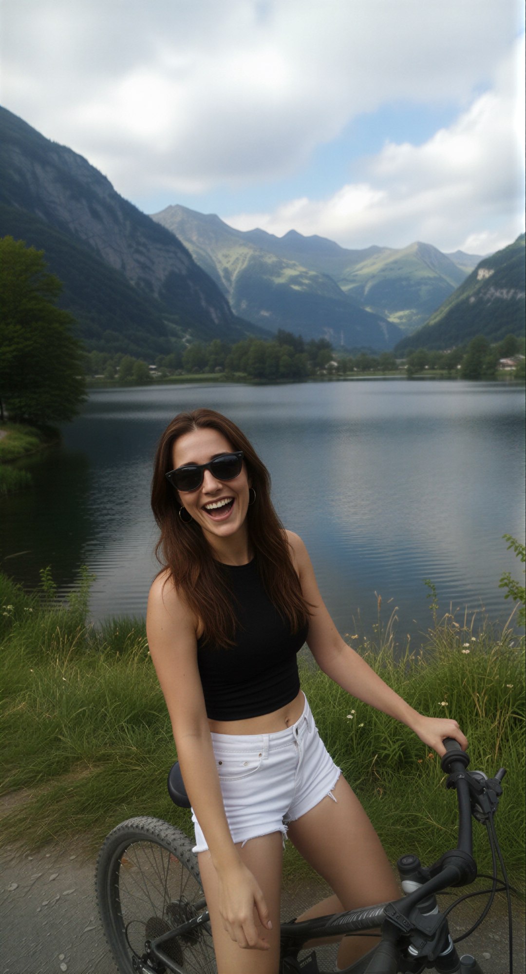 Edit the reference image: amateur iPhone selfie of the same woman paused on her mountain bike at the edge of a stunning Swiss lake with alp…