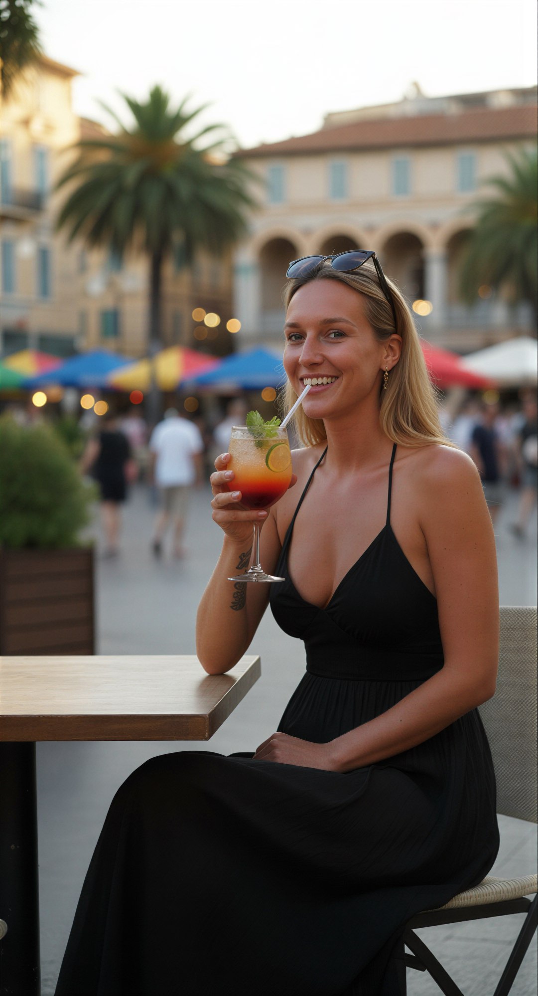 Edit the reference image: realistic photo of this woman sitting relaxed at an outdoor terrace bar table in the bustling city center of a so…