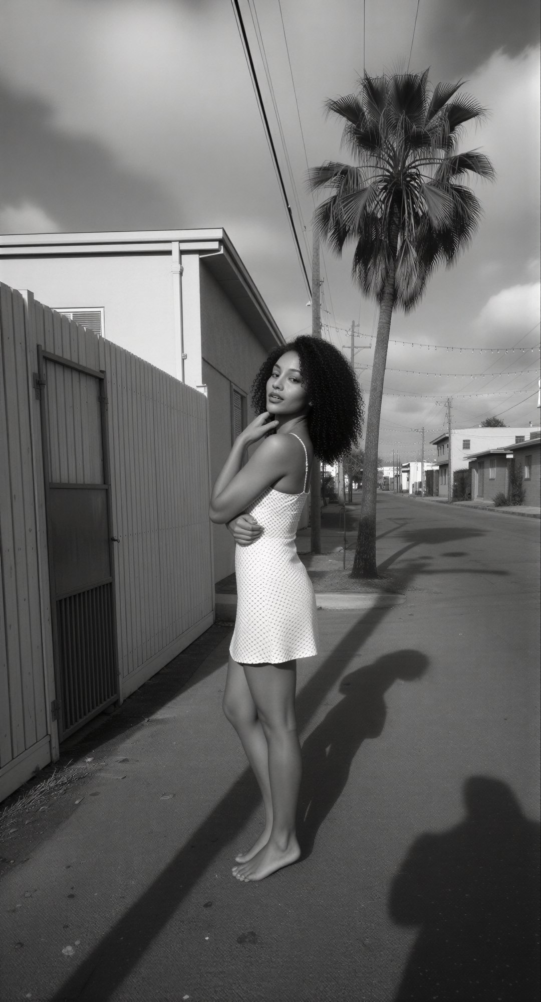 Edit the reference image: woman wearing a short white mini dress with small polka dots and thin spaghetti straps, keep all jewelry and earr…