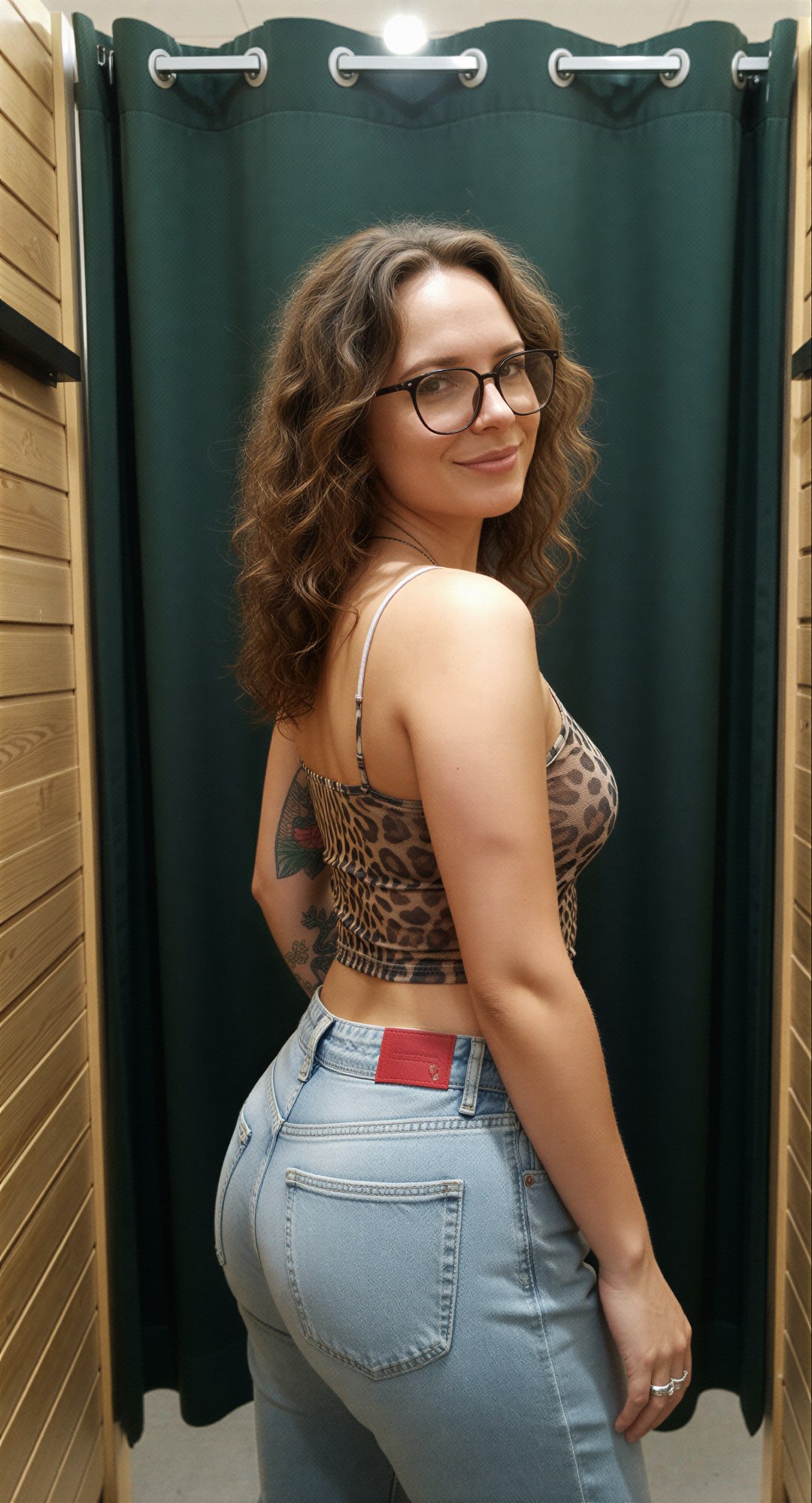 Edit the reference image: amateur Snapchat-style iPhone front camera selfie, casual spontaneous fitting room snapshot with slight grain, im…