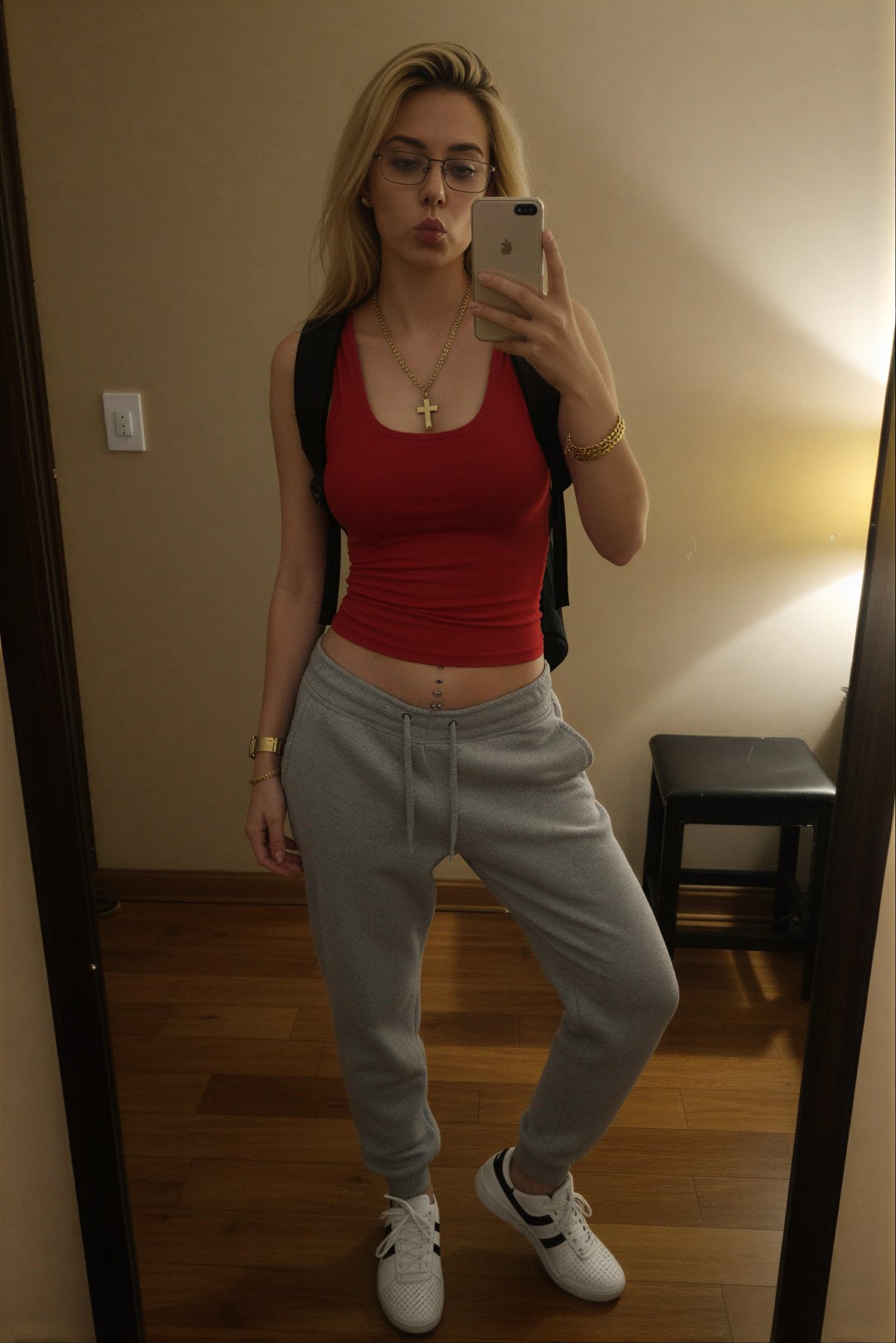 Edit the reference image: wearing tight red sleeveless scoop-neck tank top with deep cleavage, black backpack strap over one shoulder with …