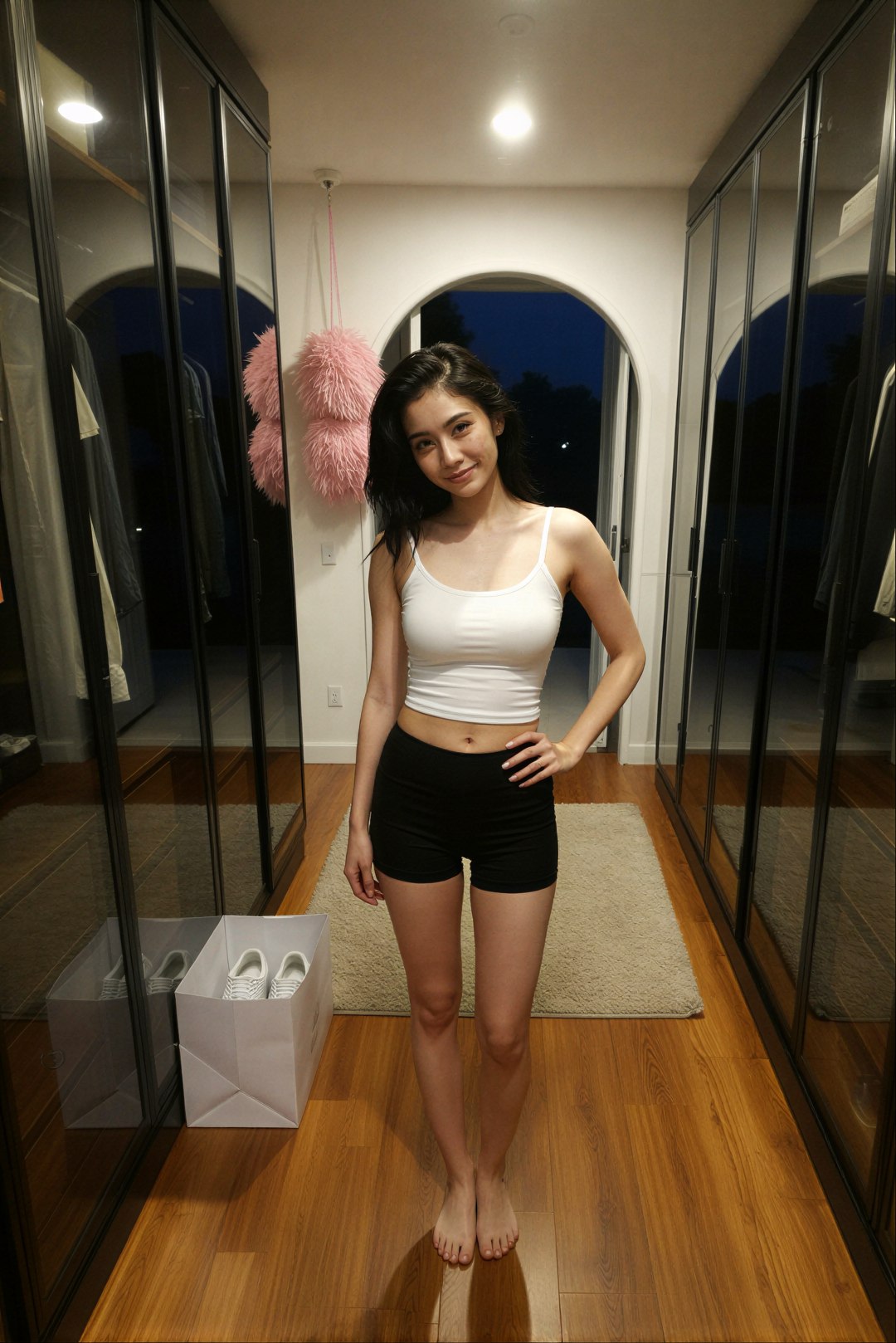 Edit the reference image: realistic smartphone front camera selfie photo of a woman standing confidently in a luxurious modern walk-in clos…