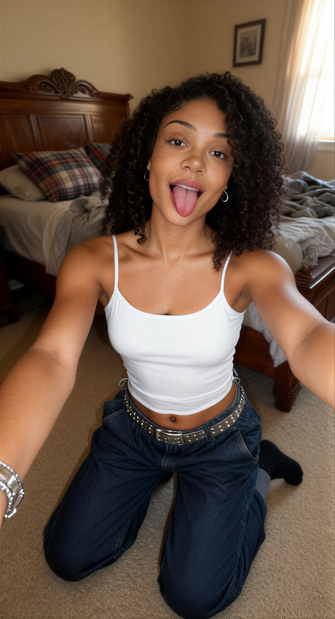 Edit the reference image: realistic amateur iPhone front-facing camera selfie in a cozy bedroom, kneeling on beige carpet with knees togeth…