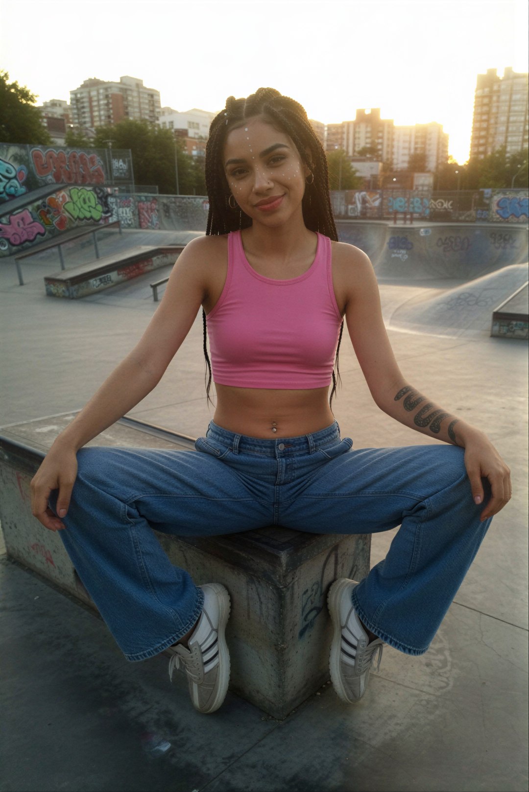 Edit the reference image: casual amateur iPhone photo of a young woman in skater girl style, wearing loose baggy blue jeans low on hips, ti…