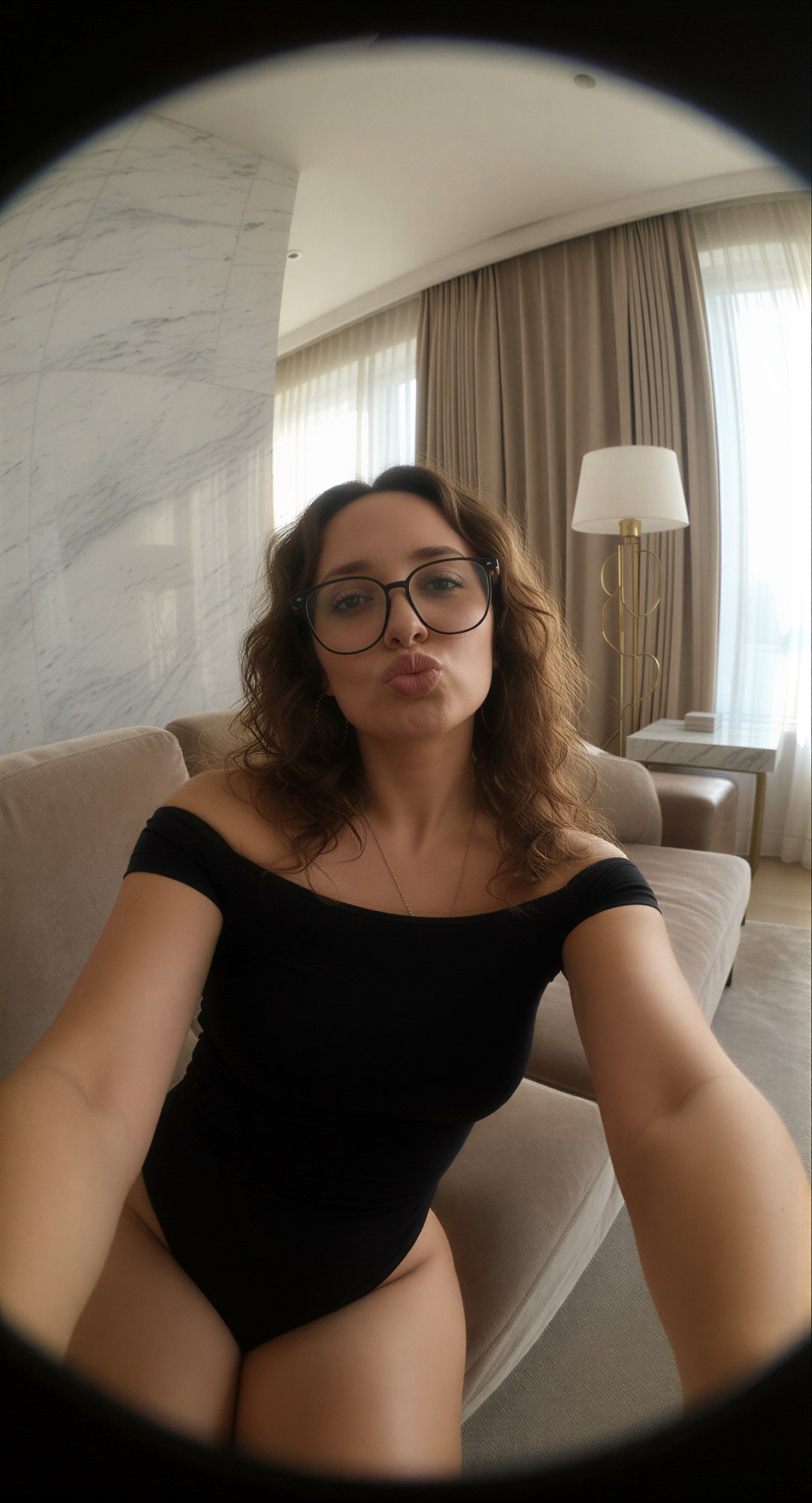 Edit the reference image: realistic smartphone front camera selfie, close-up intimate framing from chest up with wide-angle distortion as i…