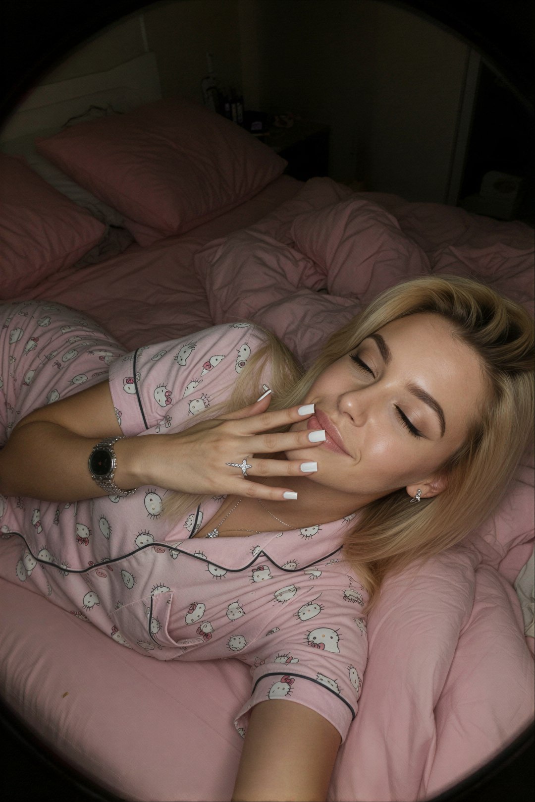 Edit the reference image: lying sideways on her left side on a messy pink bed in a dimly lit bedroom at night, wearing soft pink Hello Kitt…