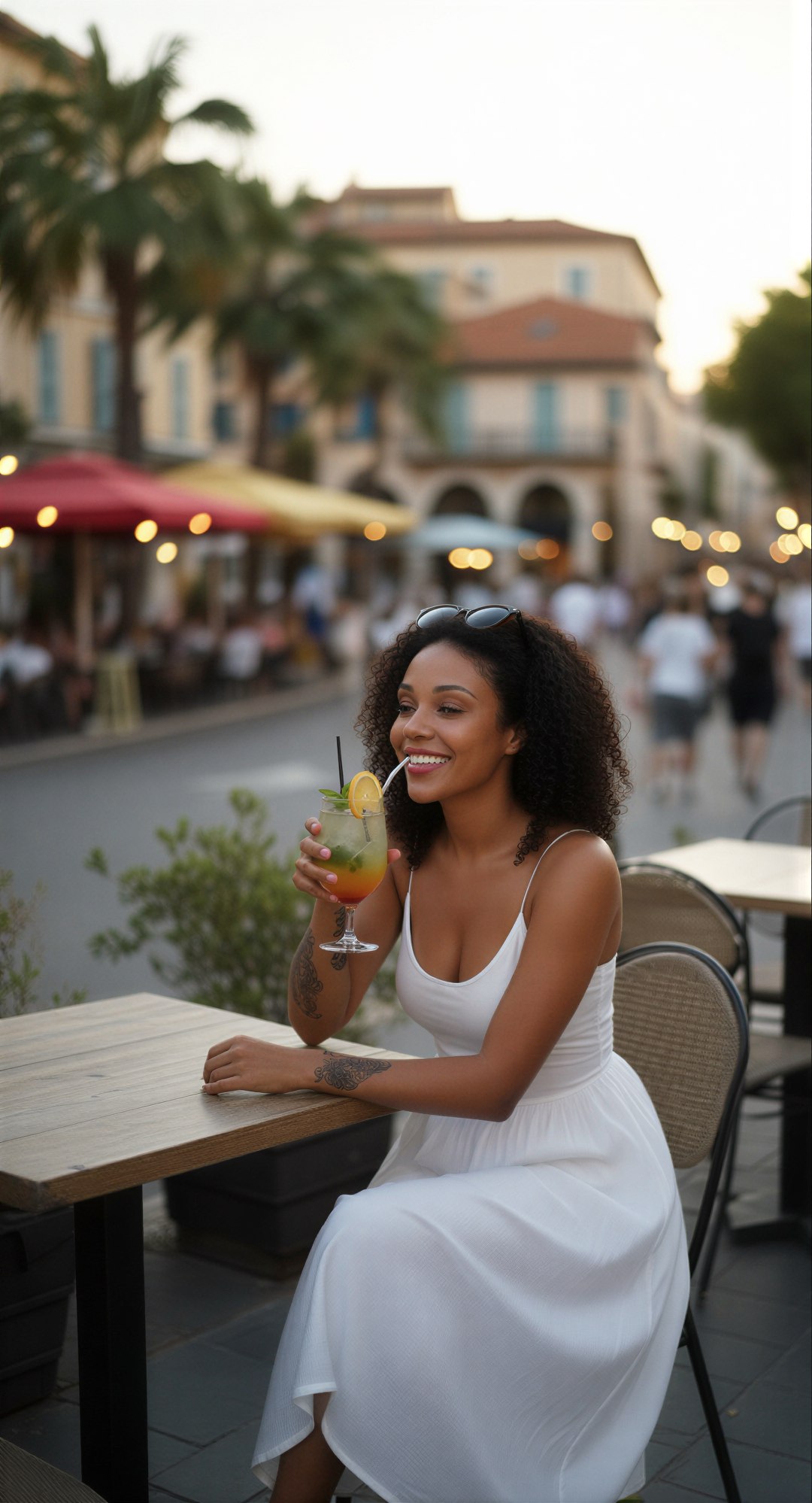 Edit the reference image: realistic photo of this woman sitting relaxed at an outdoor terrace bar table in the bustling city center of a so…