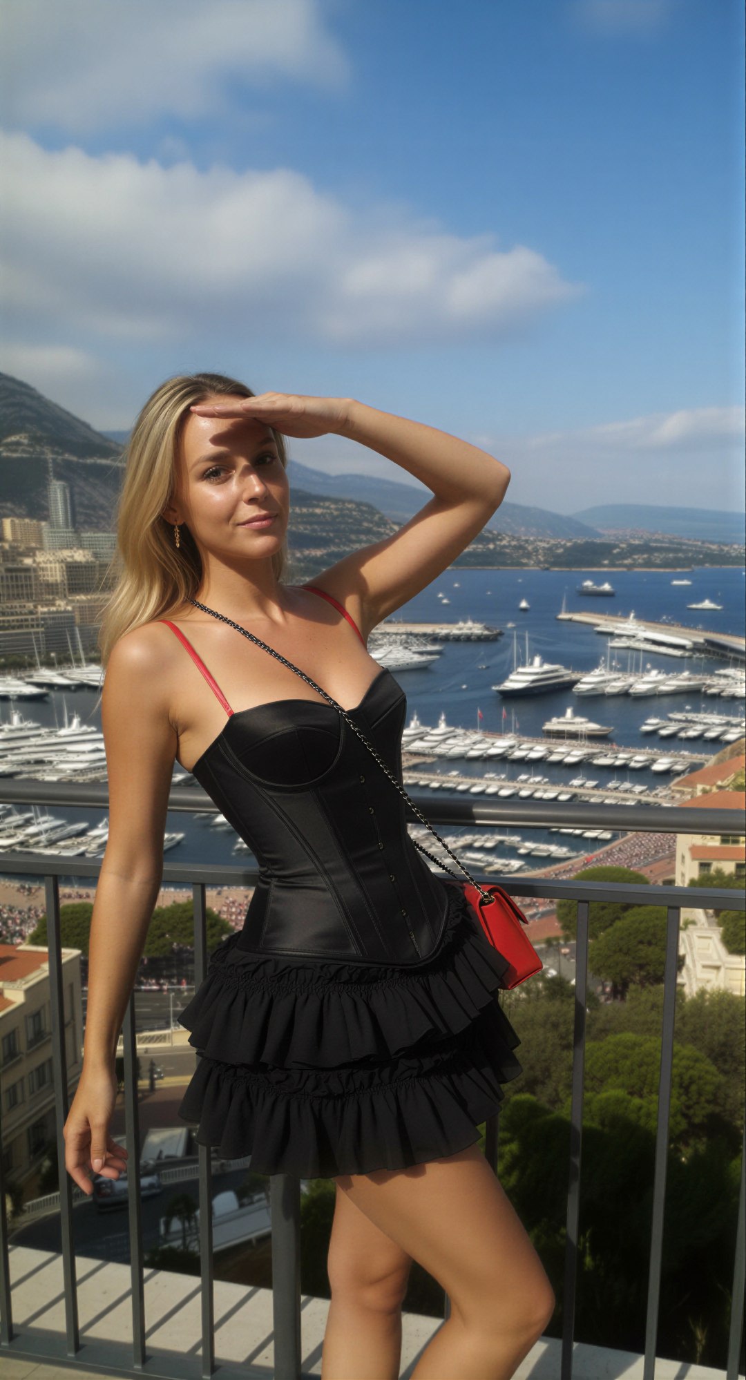 Edit the reference image: woman wearing a tight black bustier corset dress with deep sweetheart neckline and flouncy ruffled skirt hem, thi…