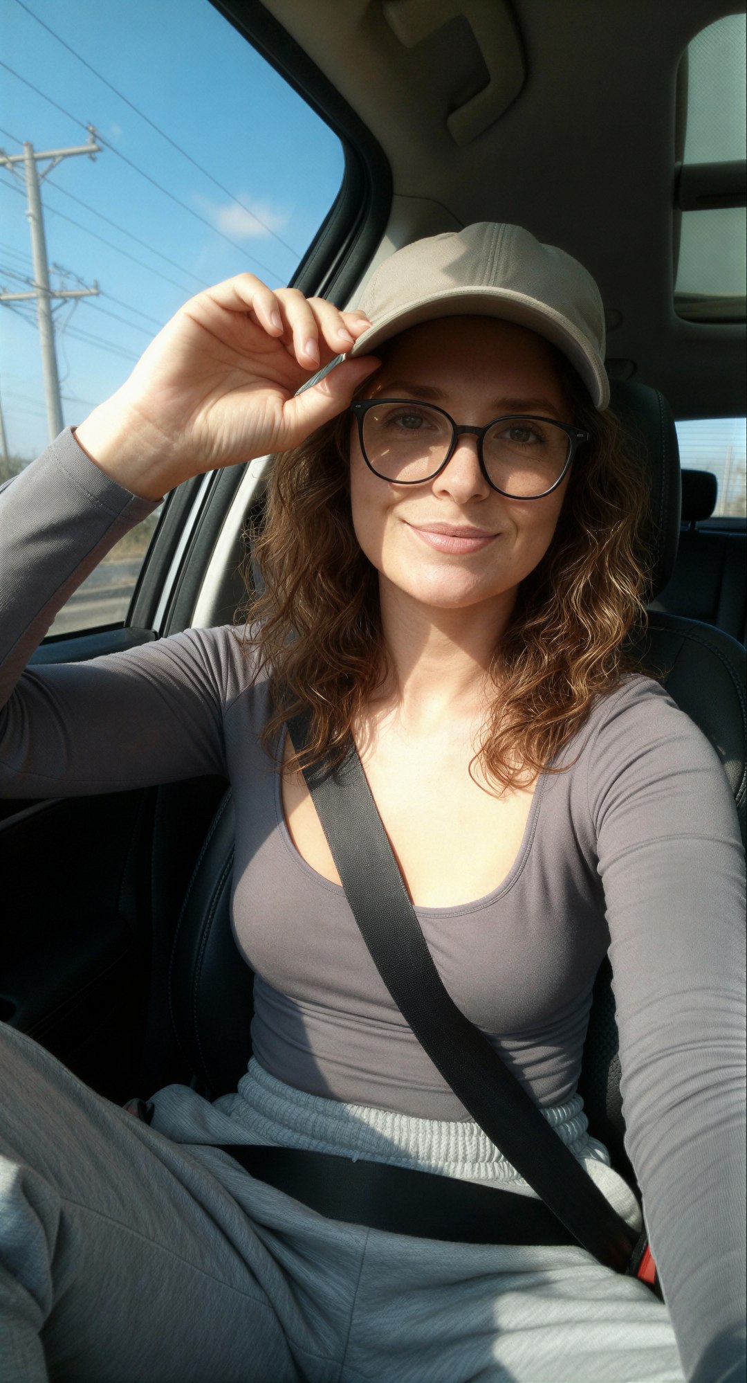 Edit the reference image: amateur Snapchat-style car selfie taken with iPhone front camera, casual spontaneous feel, slight grain and wide-…