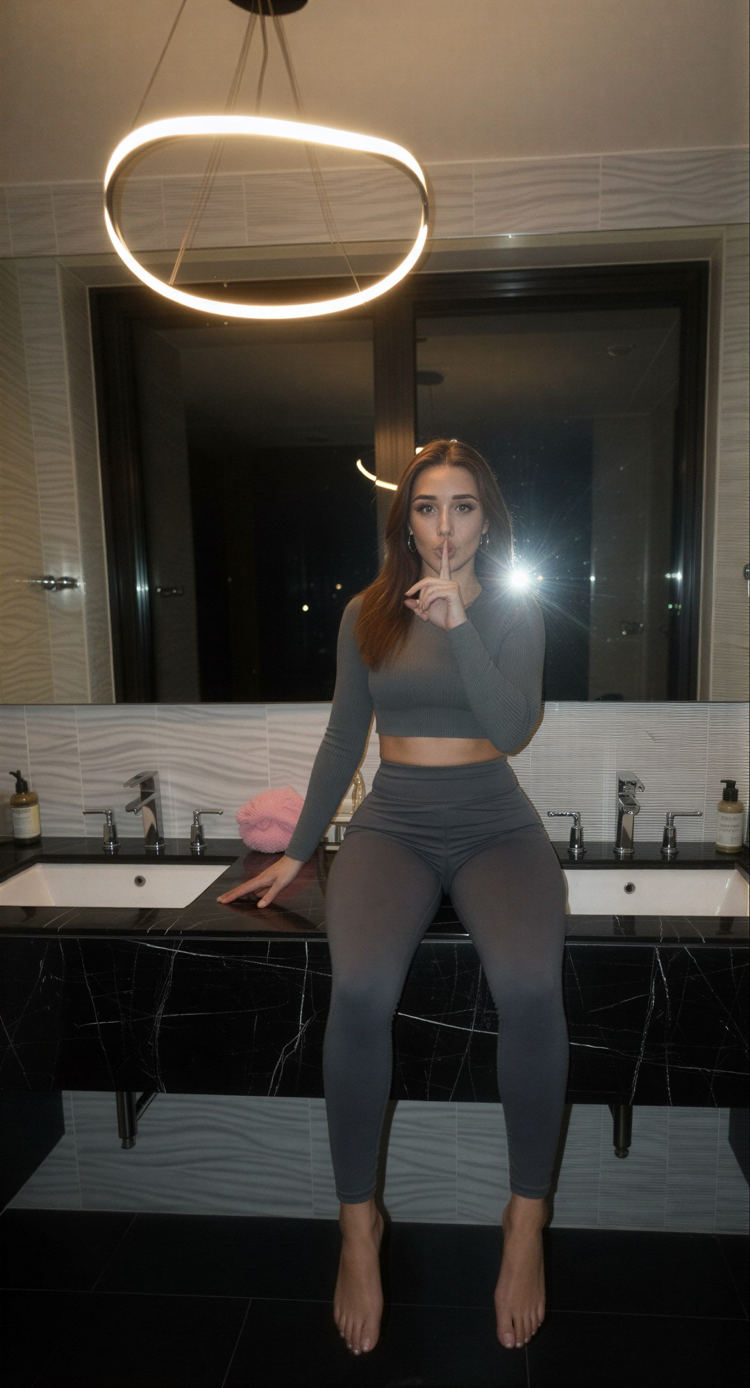 Edit the reference image: realistic amateur Snapchat-style front-facing iPhone selfie taken in a luxurious modern bathroom at night, close-…